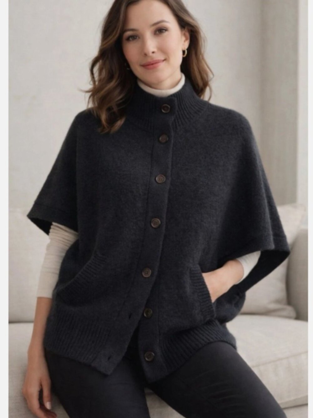 Garnet Hill Wool/Angora Bat Wing Cardigan Button Up Oversized Pockets M